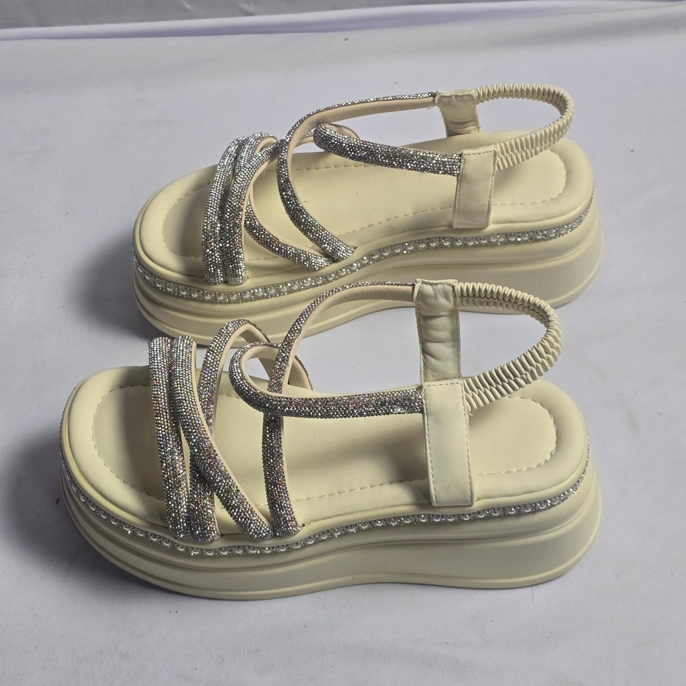 Rhinestone Embellished Platform Slingback Sandals Cream Off White Size 40 - Picture 4 of 10